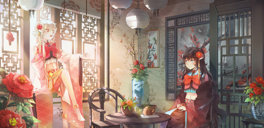 aqua_eyes architecture armchair artist_name bare_legs black_hair blonde_hair borrowed_character bow chair cup detached_sleeves east_asian_architecture flower frown hair_flower hair_ornament hands_on_lap hanging_light holding holding_cup indoors japanese_clothes lantern lattice leg_brace leg_up light_rays long_hair looking_at_another midriff mimi_n multiple_girls navel open_mouth open_window orange_eyes original peony_(flower) picture_(object) plant potted_plant ribbon scenery seigaiha sidelocks silver_eyes sitting sitting_in_window skirt smile star sunbeam sunlight table teapot vase very_long_hair wide_sleeves window window_shade