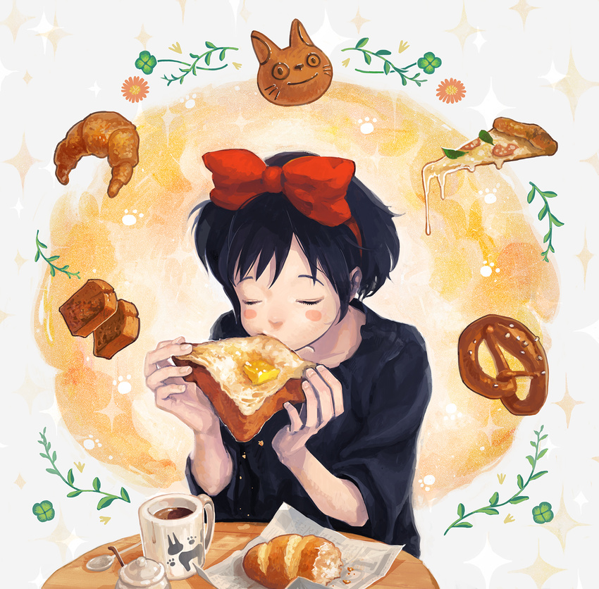 black_hair blush_stickers bread butter cat closed_eyes croissant cup eating food hair_ribbon hairband highres kiki leaf majo_no_takkyuubin omiso_(n0m) pizza ribbon solo studio_ghibli table teacup toast