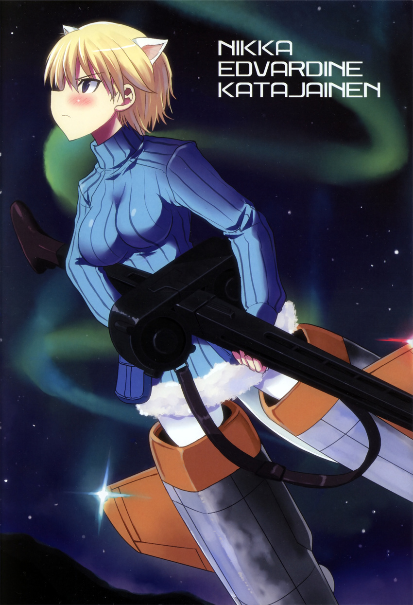 absurdres animal_ears aurora blonde_hair blue_eyes blush brave_witches character_name doujinshi ferret_ears flying fur fur_trim gun highres holding kyougoku_shin looking_up machine_gun mg42 night night_sky nikka_edvardine_katajainen non-web_source pantyhose pouch profile ribbed_sweater scan short_hair sky solo star_(sky) starry_sky striker_unit sweater turtleneck weapon winter winter_clothes world_witches_series