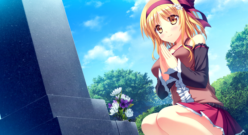 bare_shoulders blonde_hair blue_sky blush breasts casual center_frills cloud cloudy_sky day detached_sleeves dutch_angle flower game_cg hair_flower hair_ornament hairband hands_together koiken_otome large_breasts legs light_smile miniskirt outdoors own_hands_together pleated_skirt short_hair skirt sky solo someya_yuzu squatting tateha_(marvelous_grace) thighs tombstone tree yellow_eyes