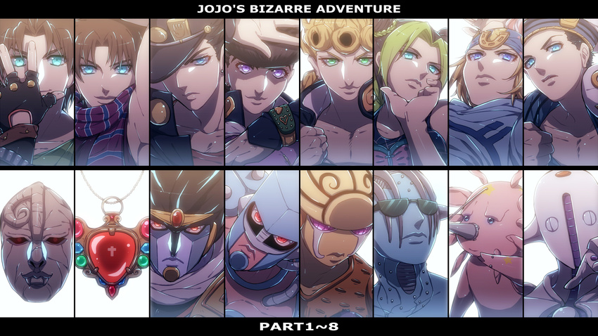 6+boys battle_tendency black_hair blonde_hair blue_eyes brown_hair column_lineup crazy_diamond diamond_wa_kudakenai dixie_cup_hat fingerless_gloves gem giorno_giovanna gloves gold_experience green_eyes hat higashikata_jousuke higashikata_jousuke_(jojolion) highres johnny_joestar jojo_no_kimyou_na_bouken jojolion jonathan_joestar joseph_joestar_(young) kuujou_jolyne kuujou_joutarou mika_(1020mk) military_hat multiple_boys phantom_blood purple_hair red_stone_of_aja scarf soft_&amp;_wet stand_(jojo) star_platinum stardust_crusaders steel_ball_run stone_free stone_mask_(jojo) stone_ocean tusk_(stand) vento_aureo