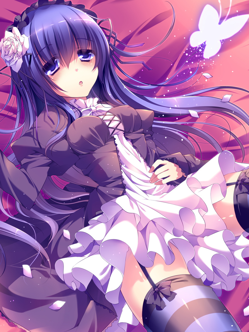 :o bad_id bad_pixiv_id blue_hair bug butterfly dress flower garter_straps hair_flower hair_ornament hairband highres insect lolita_fashion lolita_hairband lying muku_(apupop) original rose striped striped_legwear thighhighs