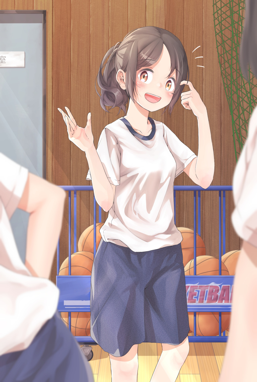 12_graka 1girl absurdres basketball blurry_foreground blush brown_hair commentary gym_uniform highres indoors looking_at_viewer orange_eyes original ponytail shirt shorts smile solo_focus t-shirt