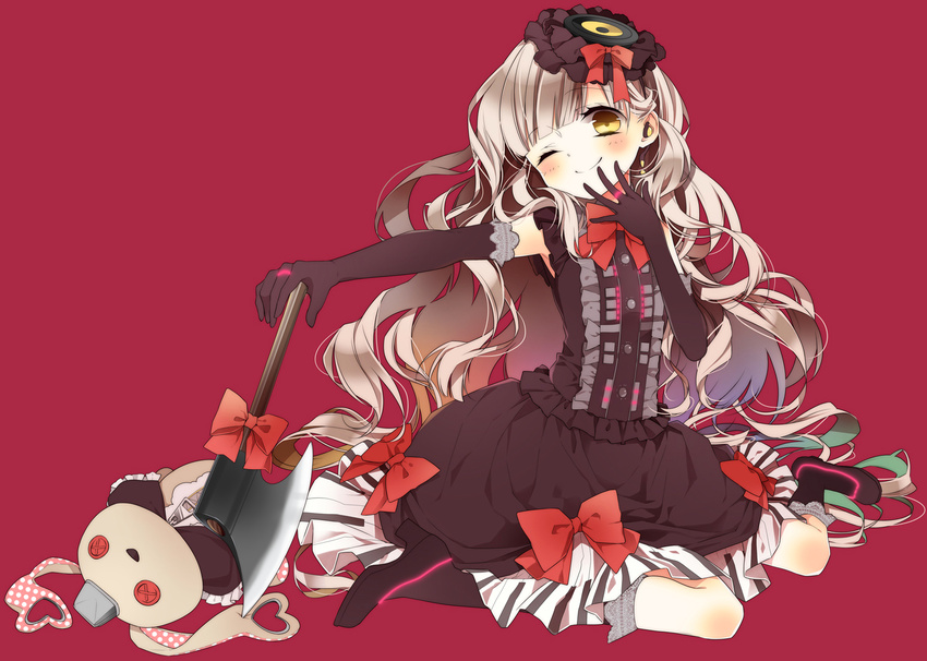 blush bow dress gloves gray_hair hat long_hair mayu_(vocaloid) naoto vocaloid weapon wink