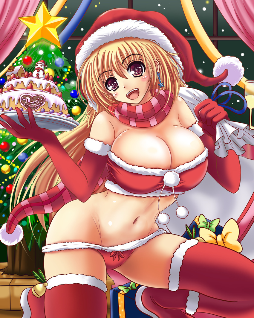 blonde_hair breasts cake christmas christmas_tree cleavage elbow_gloves food fur_trim gloves hat highres kurowana large_breasts original red_eyes red_gloves red_legwear santa_costume santa_hat snowing solo strapless thighhighs tubetop window