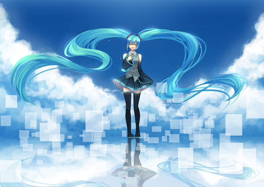 absurdly_long_hair aqua_hair bad_id bad_pixiv_id cloud full_body hatsune_miku long_hair necktie reflection skirt sky solo sougishi_ego thighhighs very_long_hair vocaloid zettai_ryouiki