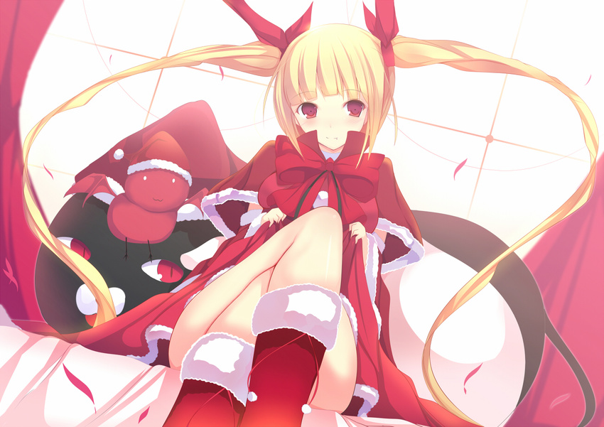 blazblue blonde_hair blush bow capelet christmas crossed_legs daiaru gii hair_ribbon long_hair nago rachel_alucard red_bow red_capelet red_eyes ribbon santa_costume sitting skirt skirt_lift smile solo twintails very_long_hair