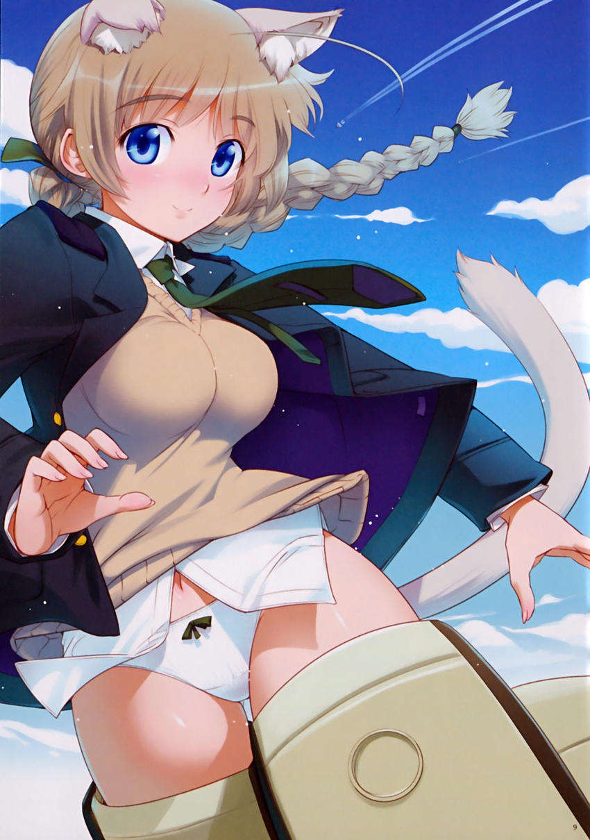 ahoge animal_ears blue_eyes bow bow_panties braid breasts brown_hair cat_ears cat_tail cloud day highres impossible_clothes koume_keito large_breasts long_hair lynette_bishop navel necktie panties scan single_braid sky solo strike_witches striker_unit tail underwear vest white_panties world_witches_series