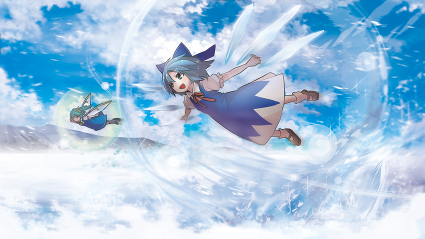 blue_dress blue_eyes blue_hair blue_sky bow cirno cloud daiyousei dress fairy_wings flying green_eyes green_hair hair_bow hair_ribbon mountain multiple_girls open_mouth outstretched_arms puffy_sleeves ribbon shirt short_hair short_sleeves side_ponytail sky smile tokiti touhou wings