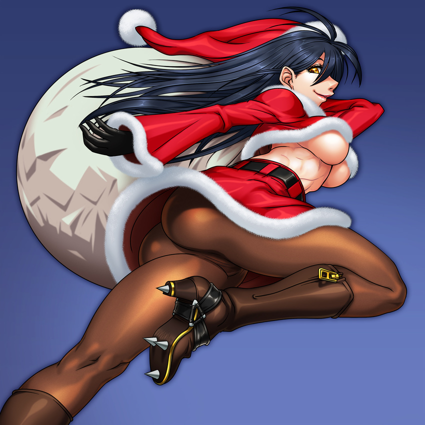 aozoraichi ass black_hair boots breasts cleats high_heels highres large_breasts long_hair original pantyhose sack santa_costume shoes skin_tight solo underboob yellow_eyes
