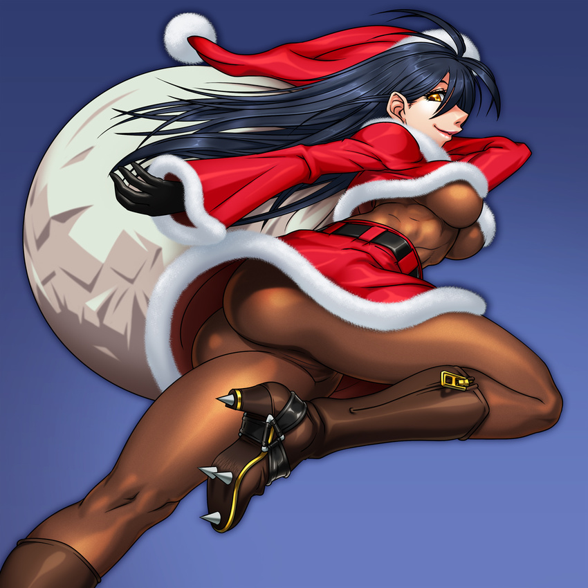 aozoraichi ass black_hair bodystocking boots breasts cleats high_heels highres large_breasts original sack santa_costume shoes skin_tight solo underboob yellow_eyes