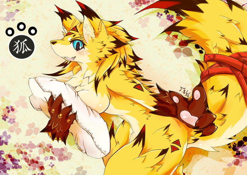 big_breasts blue_eyes blush breasts canine cute dragoon86 female flower fluffy fluffy_tail fox fur looking_at_viewer mammal nude paws perky_ears pillow ribbons smile solo yellow_fur