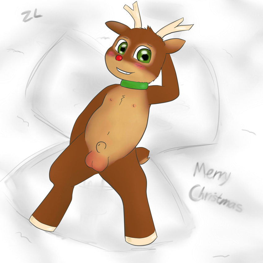 anthro balls cervine chibi christmas chubby cute deer hair holidays hooves horn looking_at_viewer male mammal nipples nude penis red_nose reindeer rudolph snow solo zekromlover