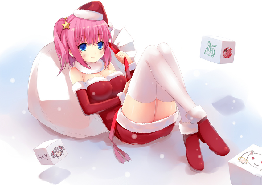 bad_id bad_pixiv_id bare_shoulders blue_eyes blush breasts christmas cleavage hair_ornament haruka_(liong) hat highres kyubey large_breasts liong looking_at_viewer mahou_shoujo_madoka_magica original pink_hair santa_hat short_hair side_ponytail sky_(sky-freedom) smile solo star thighhighs white_legwear