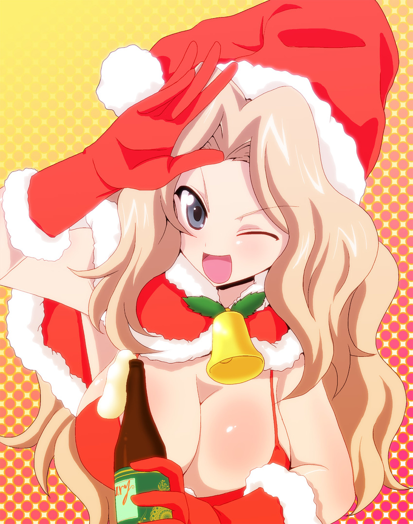 ;d alcohol bell bikini blonde_hair blue_eyes blush bottle breasts champagne christmas cleavage drunk girls_und_panzer gloves hat highres jingle_bell kamishima_kanon kay_(girls_und_panzer) large_breasts long_hair one_eye_closed open_mouth red_bikini red_gloves santa_costume santa_hat smile solo swimsuit v-shaped_eyebrows
