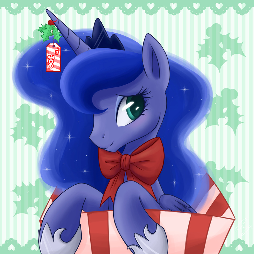 blue_hair bow equine female feral friendship_is_magic gift_box hair horn horse long_hair mammal mistletoe multi-colored_hair my_little_pony pony princess_luna_(mlp) royalty solo steffy-beff tag winged_unicorn wings