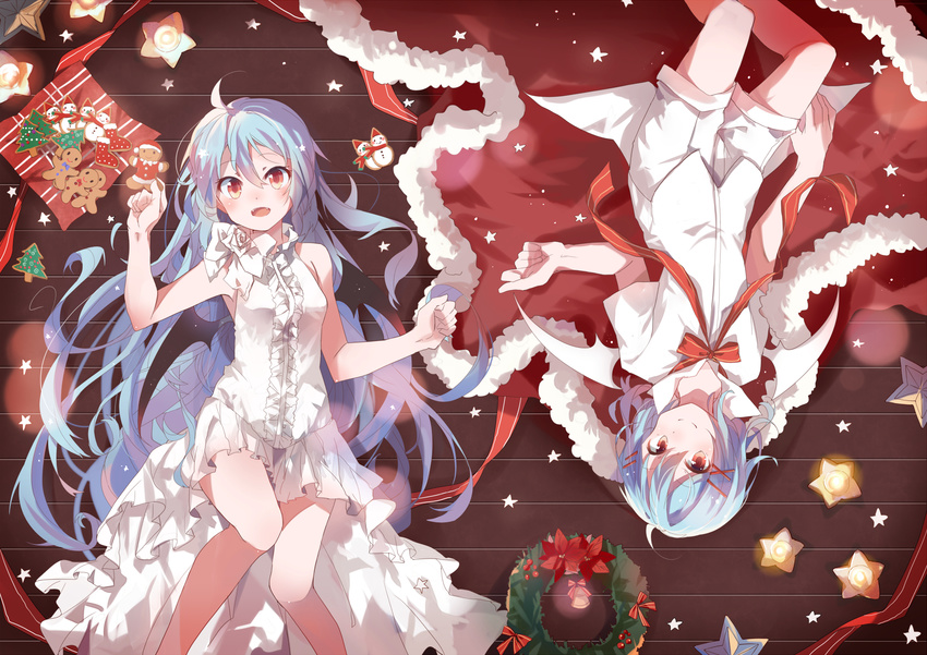 ahoge aqua_hair bell bow brown_eyes christmas cookie dress fangs food gingerbread_man hair_ornament hairclip highres hika_(ozeluk) holding long_hair lying multiple_girls open_mouth original short_hair shorts smile very_long_hair white_dress