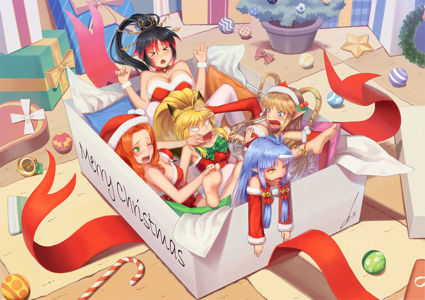 ahoge animal_ears bare_shoulders barefoot bell black_hair blonde_hair bow box brown_hair candy candy_cane christmas christmas_ornaments dopollsogno elbow_gloves elf food gift gloves green_eyes hat horn kouryuuji_mii multiple_girls namco_x_capcom nanbu_kaguya neige_hausen open_mouth ornament pillow pointy_ears ponytail project_x_zone red_legwear santa_hat star super_robot_wars super_robot_wars_og_saga_mugen_no_frontier super_robot_wars_og_saga_mugen_no_frontier_exceed suzuka_hime thighhighs twintails white_legwear wrapped wristband xiaomu