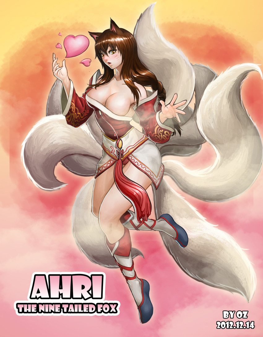absurdres ahri animal_ears bare_shoulders blush boots braid breasts brown_hair character_name cleavage dated detached_sleeves facial_mark fox_ears fox_tail heart highres korean_clothes large_breasts league_of_legends long_hair multiple_tails oz_(gerbera7) single_braid solo tail whisker_markings yellow_eyes