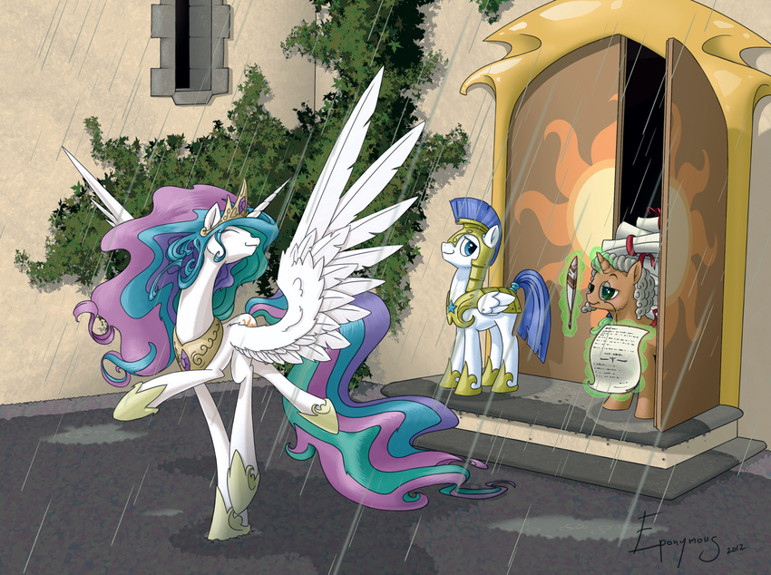 eponymous equine female feral friendship_is_magic guard_pony horn horse jackjacko_eponymous mammal my_little_pony original_character pony princess princess_celestia_(mlp) rain royal_guard_(mlp) royalty winged_unicorn wings