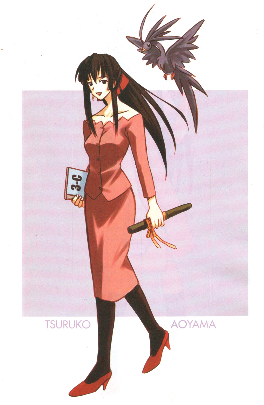 :d absurdres akamatsu_ken aoyama_tsuruko artbook bare_shoulders bird black_eyes black_hair black_legwear bleed_through book buttons character_name earrings flying formal from_side full_body hair_ribbon hayate_(love_hina) high_heels highres holding holding_book holding_weapon jewelry long_hair long_skirt love_hina notebook off_shoulder official_art open_mouth outside_border pantyhose pencil_skirt ponytail ribbon scan scan_artifacts sheath sheathed shoes short_sword sidelocks simple_background skirt skirt_suit smile solo standing suit sword teacher weapon