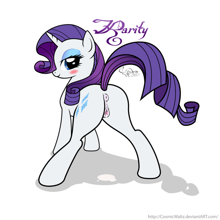 anus blue_eyes blush butt cosmic-waltz cosmicwaltz cutie_mark english_text equine eyeshadow female feral friendship_is_magic fur hair horn horse looking_at_viewer looking_back makeup mammal my_little_pony nude plain_background pony presenting presenting_hindquarters purple_hair pussy rarity_(mlp) solo text unicorn white_background white_fur
