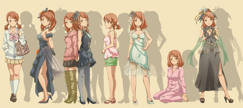 :d bag barefoot boots bow brown_eyes camisole costume_chart dress gloves hair_ornament hand_on_hip houjou_karen idolmaster idolmaster_cinderella_girls jewelry microphone necklace open_mouth orange_hair pajamas pantyhose ponytail school_bag school_uniform shorts sitting skirt smile suneo_(goten) sweater twintails vest