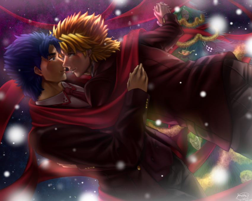 blonde_hair blue_eyes blue_hair christmas_tree dio_brando dire_(jojo) hat jojo_no_kimyou_na_bouken jonathan_joestar light_particles male_focus mayuma_yumeko multiple_boys parody phantom_blood ribbon scarf signature stone_mask_(jojo) top_hat yaoi yukkuri_shiteitte_ne