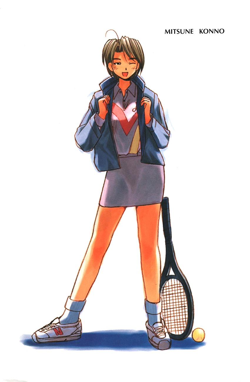 ahoge akamatsu_ken artbook ball blush bobby_socks brown_hair character_name highres jacket konno_mitsune love_hina one_eye_closed open_clothes open_jacket racket scan shoes short_hair skirt sneakers socks solo sportswear tennis_ball tennis_racket tennis_uniform track_jacket