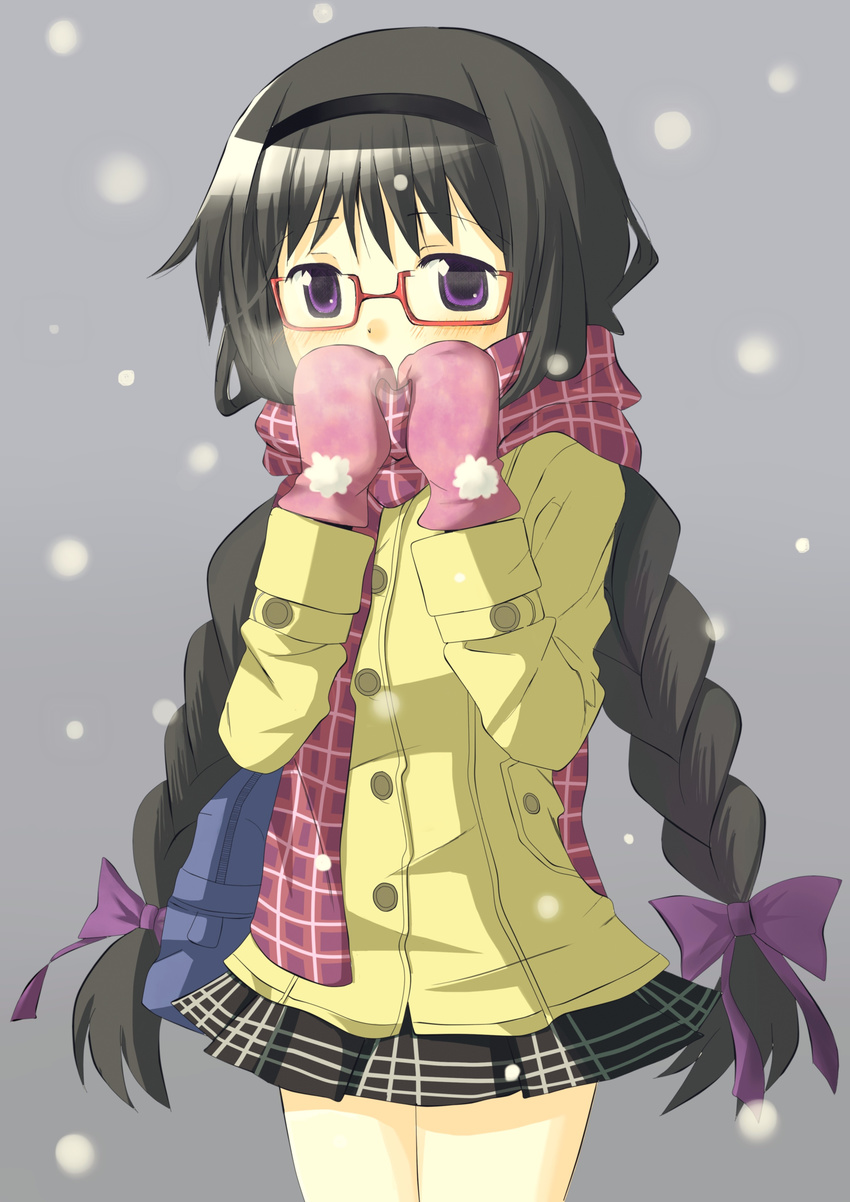 absurdres akemi_homura black_hair blush braid coat covering_mouth glasses hairband hand_over_own_mouth highres long_hair looking_at_viewer mahou_shoujo_madoka_magica mittens pleated_skirt purple_eyes red-framed_eyewear ribbon scarf shy skirt snowflakes snowing solo standing tsubaki_(tatajd) twin_braids very_long_hair winter winter_clothes winter_coat