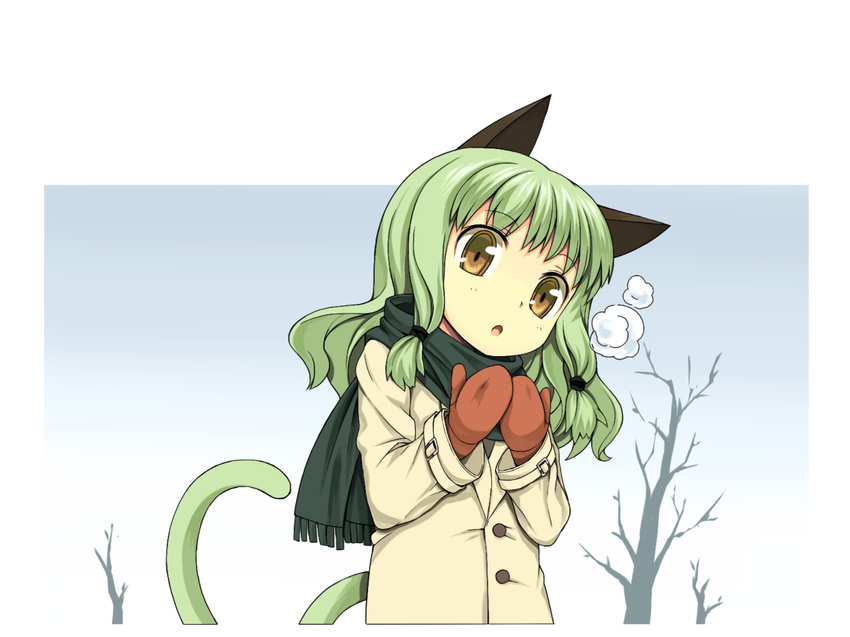 :o animal_ears breath cat_ears cat_tail coat green_hair green_scarf ikura_hato long_hair mittens open_mouth original outdoors scarf solo tail tree