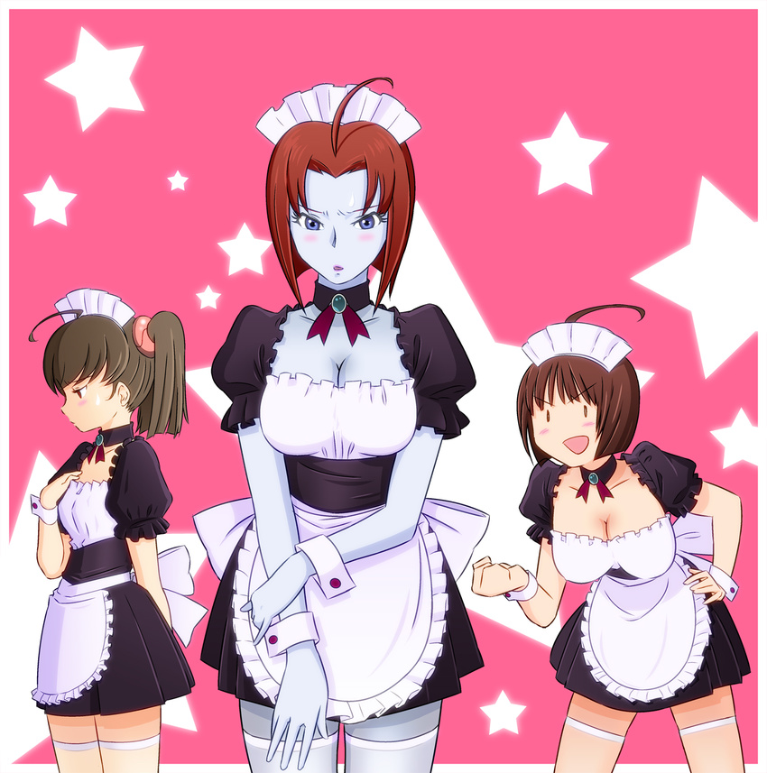 3girls ahoge alternate_costume blue_eyes blue_skin blush brown_hair enmaided futaba_(artist) gamilas harada_makoto highres maid melda_deitz misaki_yuria multiple_girls nicoa7 short_hair twintails uchuu_senkan_yamato uchuu_senkan_yamato_2199