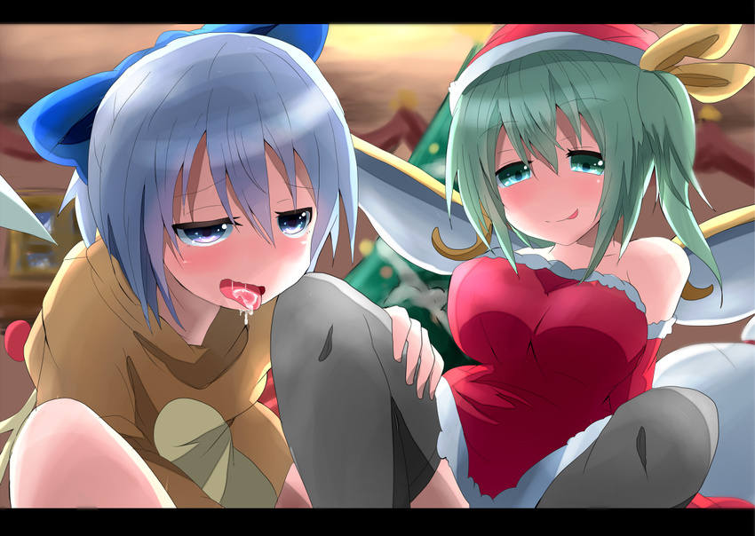 :p alternate_costume bare_shoulders black_legwear blue_eyes blue_hair blush bow breasts christmas christmas_tree cirno daiyousei elbow_gloves fairy_wings gloves green_eyes green_hair hair_bow hair_ribbon hat ice ice_wings kuromu_(underporno) large_breasts letterboxed multiple_girls naughty_face open_mouth ribbon santa_hat short_hair side_ponytail smile spread_legs thighhighs tongue tongue_out touhou uneven_eyes wings