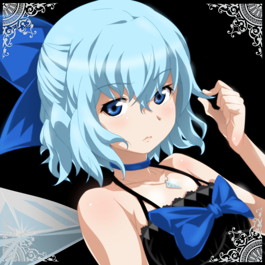 album_cover alternate_costume bare_arms bare_shoulders black_dress blue_eyes blue_hair bow choker cirno collarbone cover dress gem hair_bow hand_in_hair highres jewelry lips looking_at_viewer necklace pendant short_hair sleeveless sleeveless_dress solo swing_holic touhou tsukimido upper_body wings