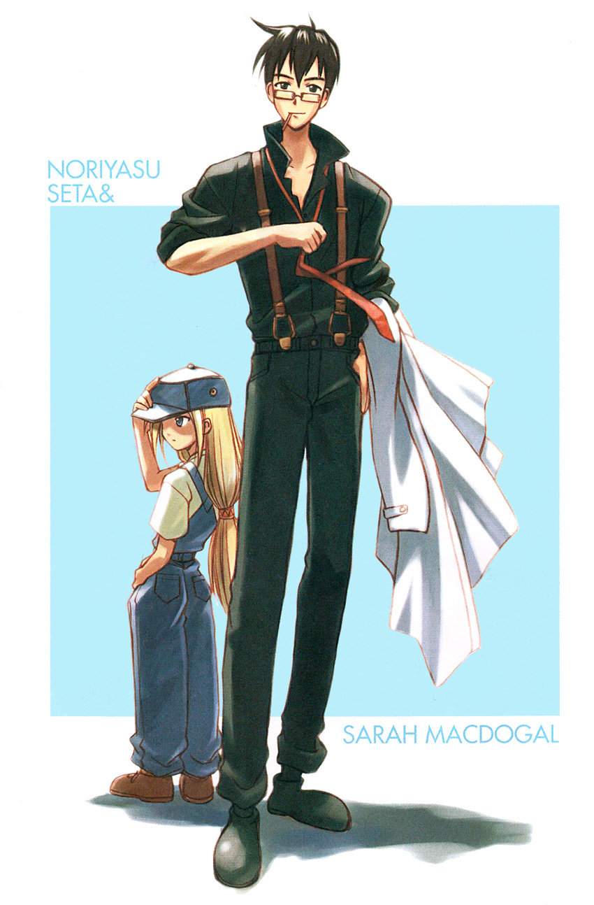 1girl akamatsu_ken artbook baseball_cap black_hair blonde_hair blue_eyes child coat coat_removed father_and_daughter glasses hand_in_pocket hand_on_headwear hand_on_hip hat highres labcoat long_hair love_hina low-tied_long_hair necktie noriyasu_seta official_art overalls popped_collar sarah_mcdougal scan shirt sleeves_rolled_up twintails