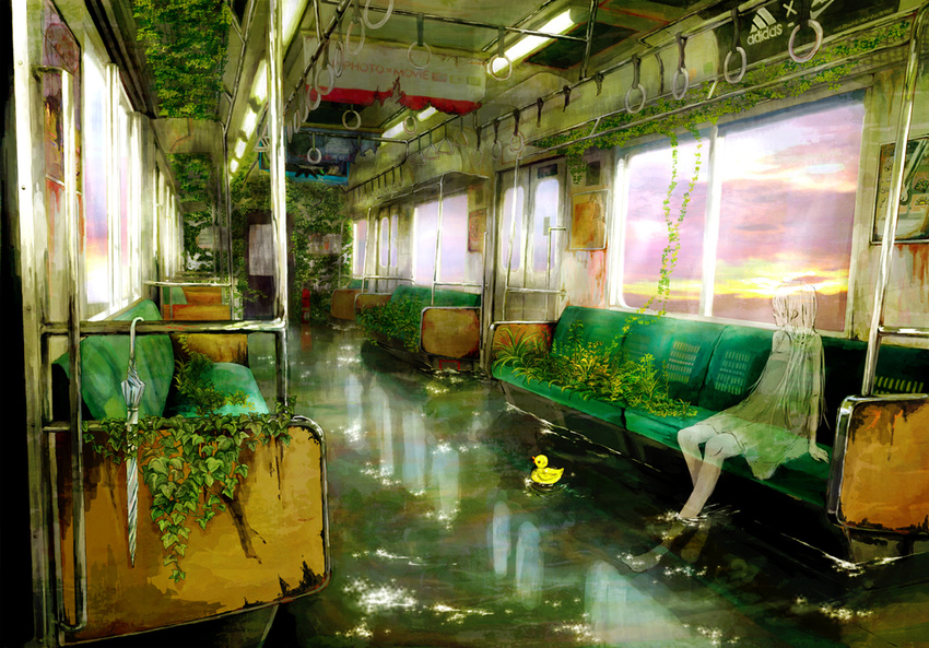 bird duck ghost inoji_minato original overgrown plant scenery sky soaking_feet train_interior transparent umbrella vanishing_point vines water