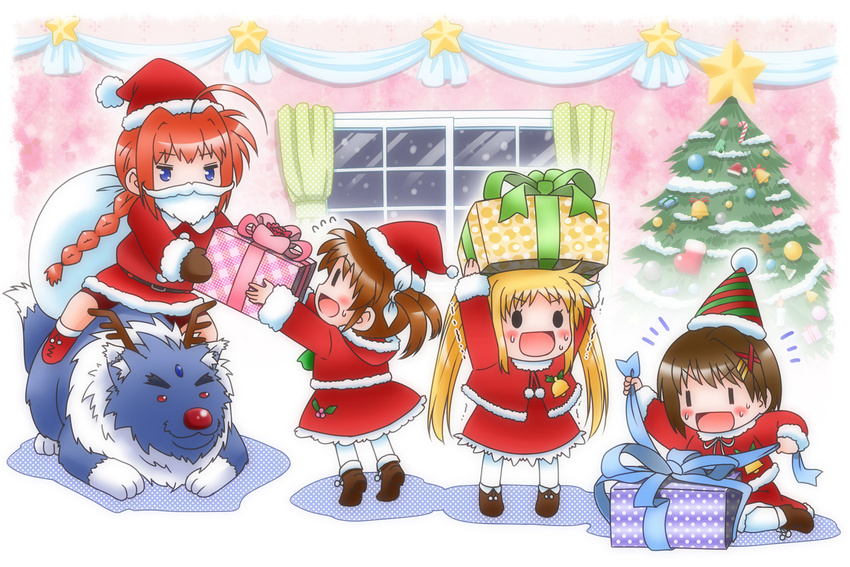 0_0 4girls :d ahoge animal_costume ankle_boots antlers arms_up bangs beard bell belt bike_shorts black_eyes blonde_hair blue_eyes boots braid brown_hair buttons capelet chibi christmas christmas_ornaments christmas_tree coat cosplay curtains dress facial_hair fate_testarossa flying_sweatdrops forehead_jewel fur_trim gift hair_ornament hair_ribbon hairclip happy hat holding holding_gift holly hood indoors lace lace-trimmed_dress long_hair lyrical_nanoha mittens motion_lines multiple_girls night night_sky o_o on_floor open_mouth pantyhose plaid polka_dot red_eyes red_hair red_nose reindeer reindeer_costume ribbon riding sack santa_costume santa_hat shadow shinozuki_takumi short_hair short_twintails sidelocks sitting sky smile snow standing star striped sweat takamachi_nanoha tiptoes trembling twin_braids twintails unwrapping very_long_hair vita wariza white_legwear window wolf x_hair_ornament yagami_hayate zafira