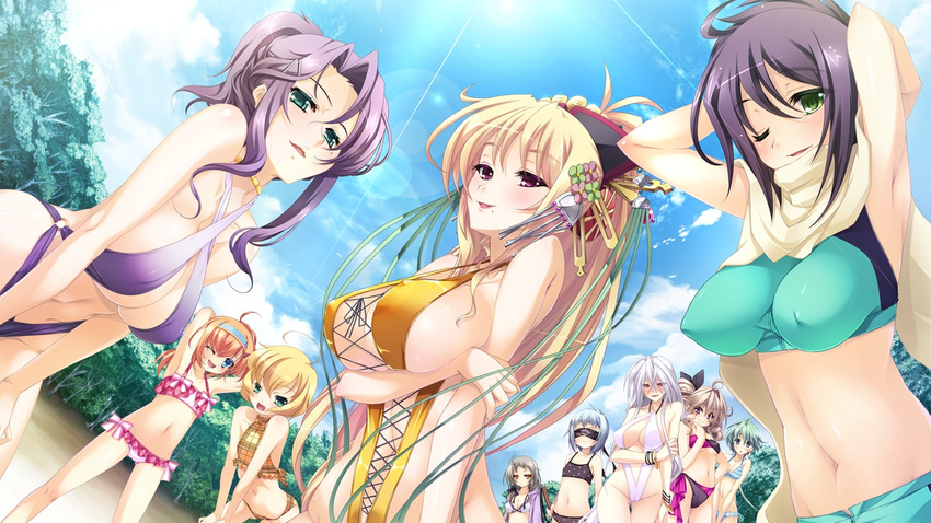 10girls 6+girls appare!_tenka_gomen_(matsuri)_koi_to_arashi_ha_ooedo_no_hana arms_up bare_shoulders bikini blindfold blonde_hair blue_eyes blue_hair blush breasts cloud clouds flat_chest game_cg green_eyes hair_ornament hairclip katagiri_hinata large_breasts light long_hair looking_at_viewer mole multiple_girls navel open_mouth orange_hair pink_eyes purple_hair short_hair sky smile standing sun swimsuit tree trees wink