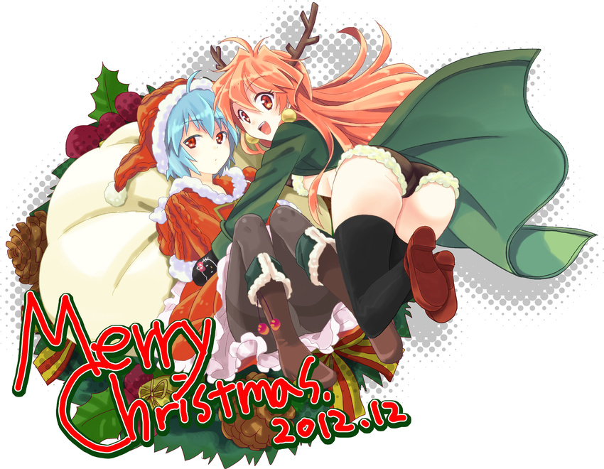 2girls alternate_costume antlers ass ayanami_rei bad_id bad_pixiv_id bag black_gloves black_legwear blue_hair boots box cameo christmas coat crossover dated dress earrings eitoman expressionless gift gift_box gloves hat hayashibara_megumi hello_kitty holly jewelry lina_inverse long_hair long_sleeves looking_at_viewer looking_back merry_christmas midriff multiple_girls neon_genesis_evangelion open_clothes open_coat orange_hair panties panties_under_pantyhose pantyhose red_dress red_eyes red_hair sack santa_costume santa_hat seiyuu_connection shoes short_hair shorts sitting slayers smile sweater thighhighs underwear