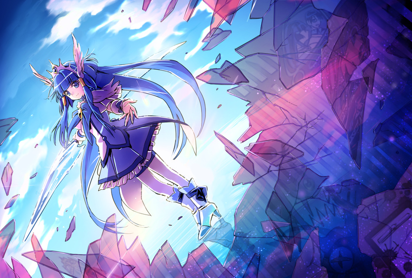 aoki_reika bad_id bad_pixiv_id bike_shorts blue_eyes blue_hair blue_skirt boots bow_(weapon) cure_beauty dutch_angle highres ice ice_bow keino_(midorinoko) knee_boots long_hair looking_at_viewer magical_girl outstretched_hand precure reflection skirt smile smile_precure! solo tiara weapon