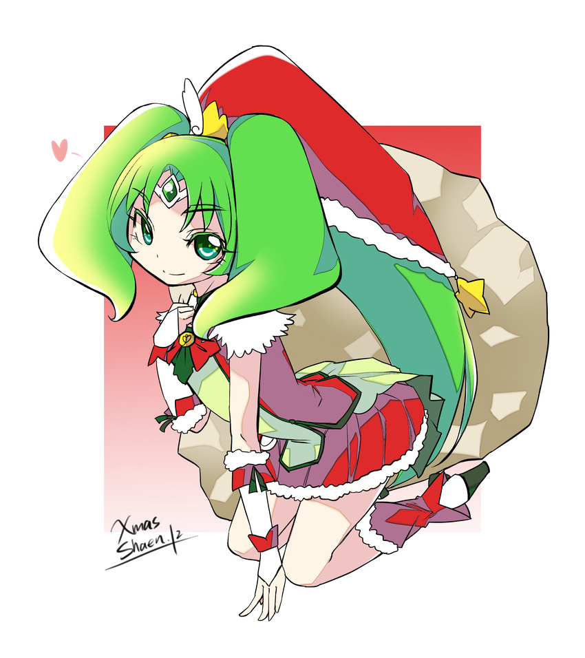 absurdres adapted_costume boots bow cure_march green_eyes green_hair heart highres long_hair midorikawa_nao ponytail precure sack shaen skirt smile smile_precure! solo star tiara tri_tails