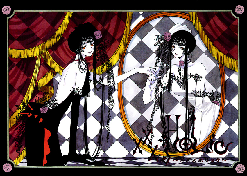 asymmetrical_clothes bare_back bare_shoulders black_dress black_hair checkered checkered_background checkered_floor clamp curtains different_reflection dress elbow_gloves flower formal frame gloves gothic hair_up hat highres hime_cut ichihara_yuuko jewelry jitome lace long_hair marker_(medium) mirror necklace official_art orange_eyes pale_skin reflection rose top_hat traditional_media very_long_hair white_dress xxxholic