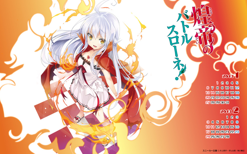 :d ahoge calendar_(medium) cape character_request checkered checkered_floor dress fang fire from_above gem gintarou_(kurousagi108) highres koutei_no_battle_throne! long_hair open_mouth sandals smile solo wallpaper white_dress white_hair yellow_eyes