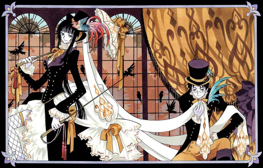 1girl bird black_hair border clamp cloth curtains dress feathers fishnet_legwear fishnets formal glasses gown hair_up hat ichihara_yuuko marker_(medium) official_art pale_skin parasol thighhighs top_hat traditional_media umbrella victorian watanuki_kimihiro whip window xxxholic