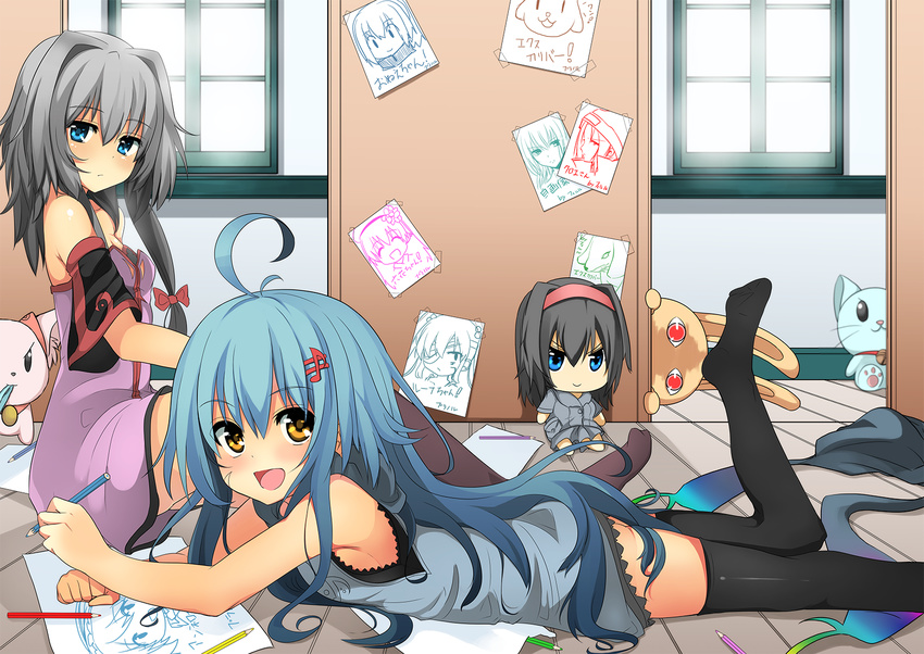 2girls black_legwear blue_eyes blue_hair doll highres long_hair mahcdai multiple_girls paper yellow_eyes