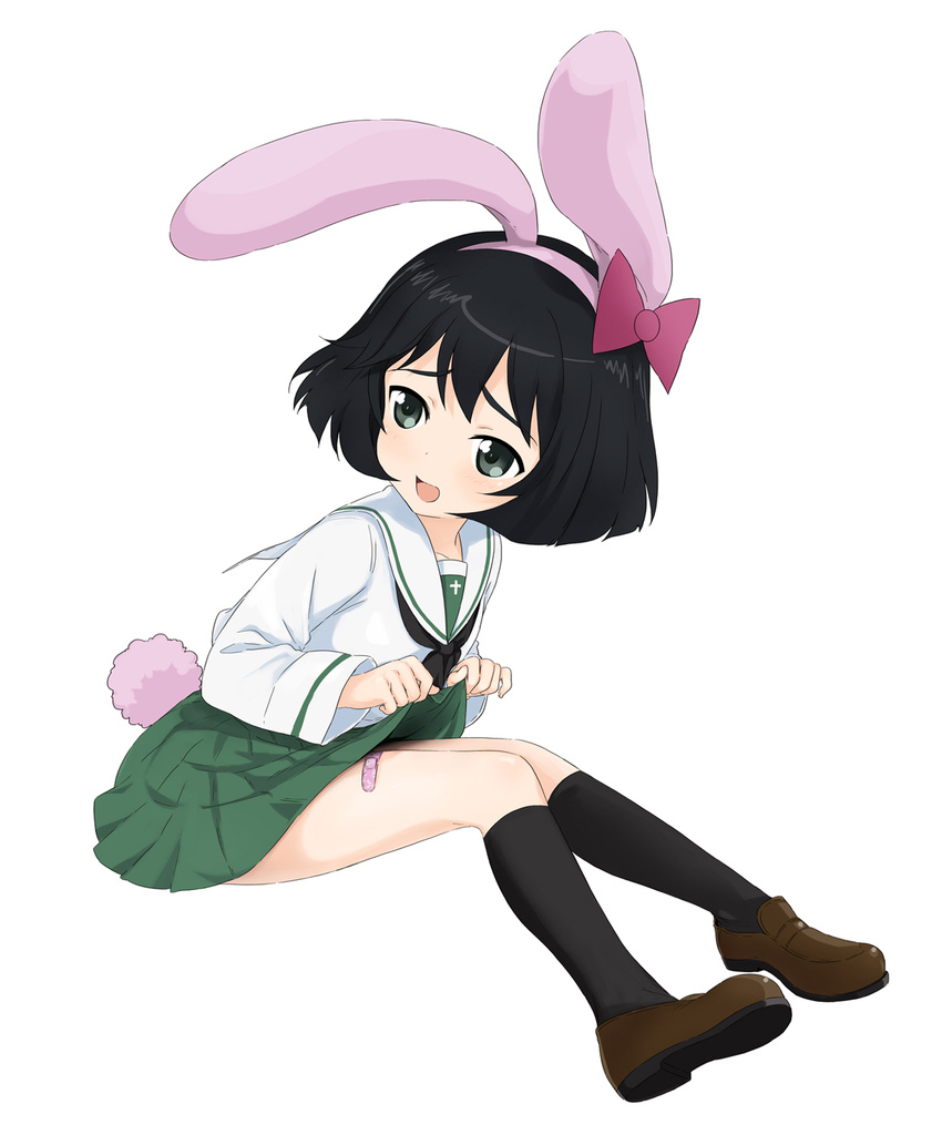 abe_kanari animal_ears bandaid black_eyes black_hair black_legwear blouse blush bow brown_footwear bunny_ears bunny_tail fake_animal_ears fake_tail full_body girls_und_panzer green_skirt hair_bow highres kneehighs loafers long_sleeves miniskirt neckerchief ooarai_school_uniform open_mouth pleated_skirt school_uniform serafuku shoes short_hair simple_background sitting skirt skirt_lift solo tail utsugi_yuuki white_background white_blouse