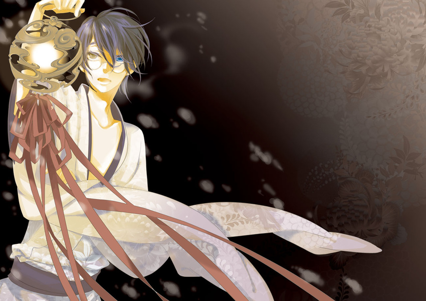 black_background colored_eyelashes eyelashes heterochromia japanese_clothes kimono lantern male_focus misa_kuroi open_mouth ribbon solo watanuki_kimihiro xxxholic yukata