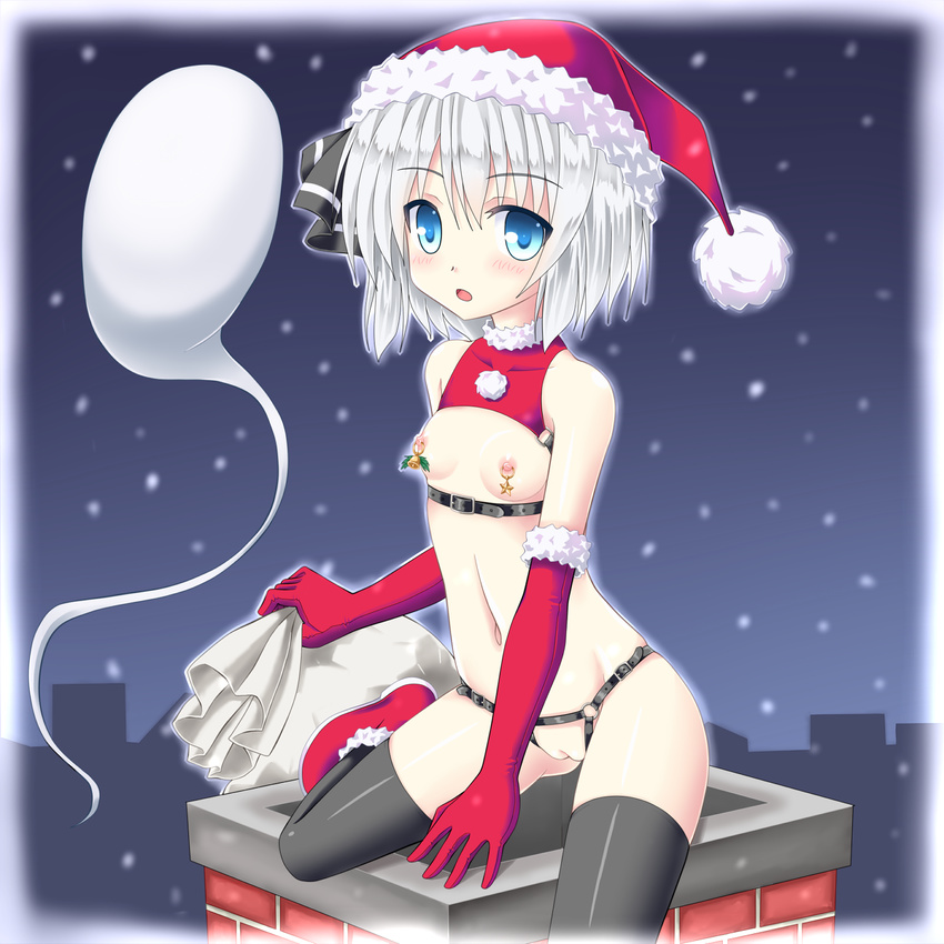 black_legwear blue_eyes blush boots chimney christmas dress elbow_gloves flat_chest gloves hair_ribbon hat highres hitodama konpaku_youmu konpaku_youmu_(ghost) looking_at_viewer nipple_piercing nipples noveske_n4 open_mouth panties piercing red_gloves ribbon sack santa_costume santa_hat short_hair silver_hair sleeveless sleeveless_dress snow solo thighhighs touhou underwear