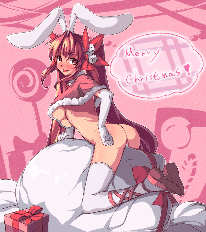 :p animal_ears ass blush bow box breasts bunny_ears di_gi_charat dice elbow_gloves english gift gift_box gloves hair_bow highres large_breasts long_hair looking_at_viewer maebari merry_christmas red_eyes red_hair revealing_clothes sack saiste smile solo thighhighs tongue tongue_out twintails underboob usada_hikaru white_gloves white_legwear