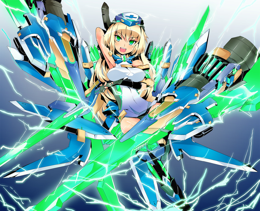 armor armpits bare_shoulders blonde_hair electricity green_eyes highres nadare-san_(nadare3nwm) original panties solo sword underwear weapon